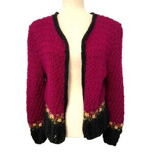 Vtg Handmade Angora Wool Cardigan Sweater Women's M Fuzzy Floral Sequins Magenta